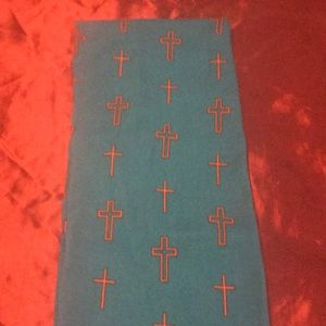 Cross scarf, teal w/ orange crosses